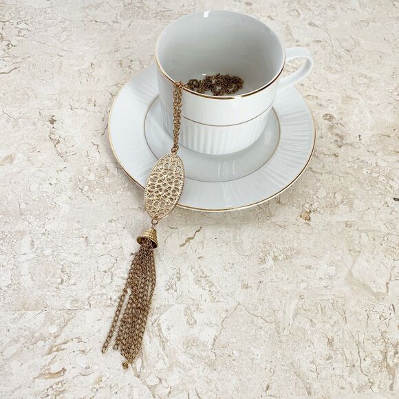 India Mandala Long Necklace Bell Tassel Filigree Gold Color - Picture 4 of 5